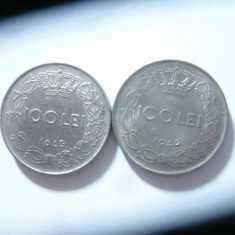 2 Monede fier - 100 lei 1943 si 1944 Rege Mihai I , cal. F.Buna