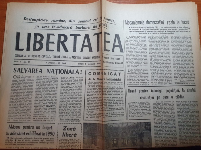 ziarul libertatea 5 ianuarie 1990-calea victoriei a fost redata circulatiei
