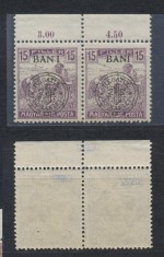Emisiunea Cluj 1919 timbru Seceratori 15 BANI eroare BAN I &icirc;n pereche cu timbru normal MNH expertizată
