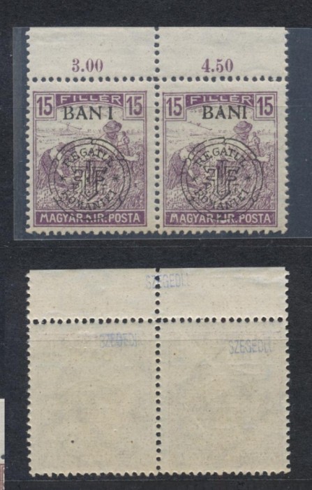 Emisiunea Cluj 1919 timbru Seceratori 15 BANI eroare BAN I &icirc;n pereche cu timbru normal MNH expertizată