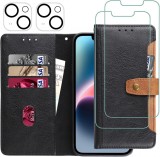 Set de husa cu 2 folii de protectie ecran si 2 pentru camera compatibil cu IPhone 14 Plus Gimane, piele PU/sticla securizata, negru, 6,7 inchi