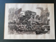 Peisaj industrial, lucrare grafica, tus, anii 60, semnat indescifrabil,30x40 cm