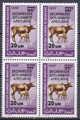 DB1 Mauritania Fauna Domestica Vaca Supratipar Seceta bloc de 4 MNH foto