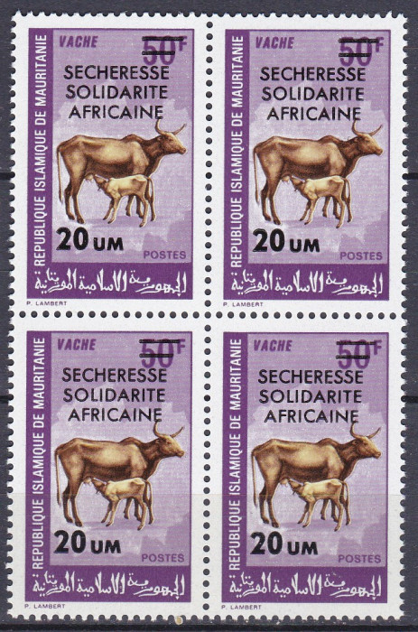 DB1 Mauritania Fauna Domestica Vaca Supratipar Seceta bloc de 4 MNH