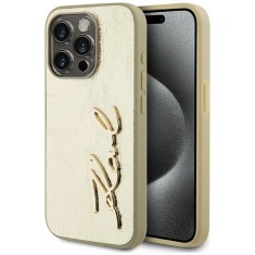 Husa iPhone 15 Pro Karl Lagerfeld Hardcase Leather, Metal Signature, auriu, KLHCP15LPFMFBKMD foto
