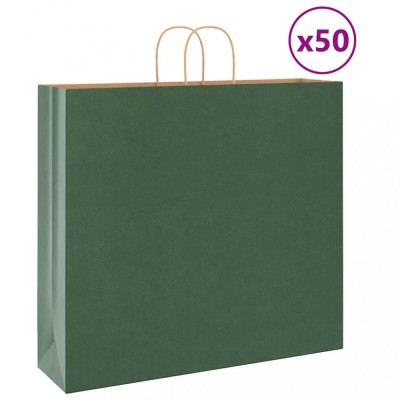 vidaXL Pungi de h&amp;acirc;rtie 50 buc cu m&amp;acirc;nere verde 54x15x49 cm 4101724 foto
