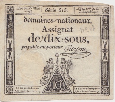 FRANTA ASIGNATA ASSIGNAT 10 SOUS MAI 1793 SIGN. GUYON F foto