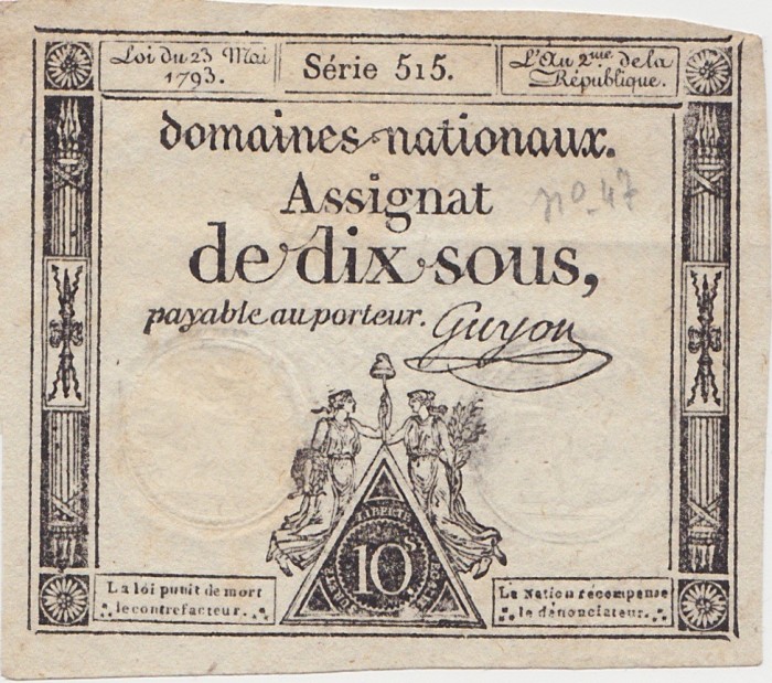 FRANTA ASIGNATA ASSIGNAT 10 SOUS MAI 1793 SIGN. GUYON F