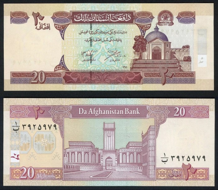AFGANISTAN █ bancnota █ 20 Afghanis █ 1381 2002 █ P-68a █ UNC