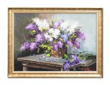 Cumpara ieftin Tablou aranjament cu liliac pictat manual inramat, Beatitudine, 80x60cm ulei pe panza, Geo Ungureanu