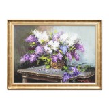 Tablou aranjament cu liliac pictat manual inramat, Beatitudine, 80x60cm ulei pe panza, Geo Ungureanu
