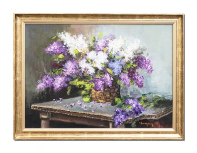 Tablou aranjament cu liliac pictat manual inramat, Beatitudine, 80x60cm ulei pe panza, Geo Ungureanu foto