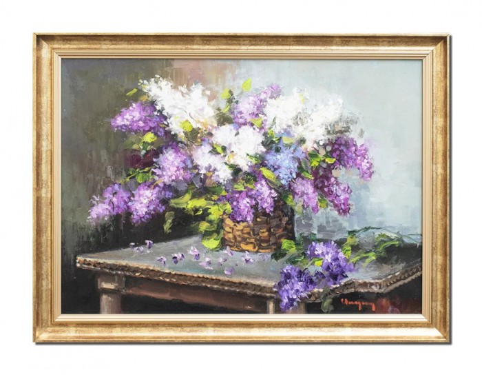 Tablou aranjament cu liliac pictat manual inramat, Beatitudine, 80x60cm ulei pe panza, Geo Ungureanu