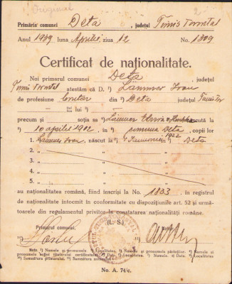 HST A2074 Certificat de naționalitate 1939 Deta foto