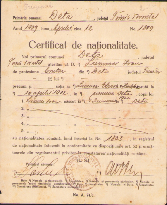 HST A2074 Certificat de naționalitate 1939 Deta