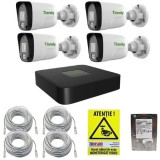 Sistem supraveghere IP Tiandy 4 camere 2MP IR 30m Microfon PoE, NVR 4 canale PoE 5MP, cabluri, HDD 500GB + Autocolant Rovision SafetyGuard Surveillanc