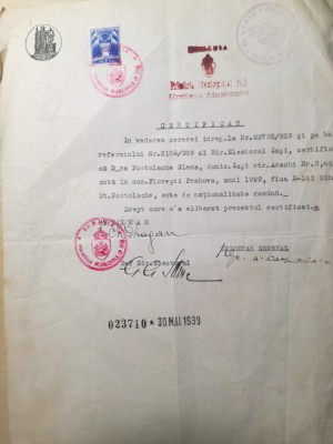 1939, Certificat de naționalitate rom&amp;acirc;nă, Primăria Iași / Str. Asachi, Nr.9 foto