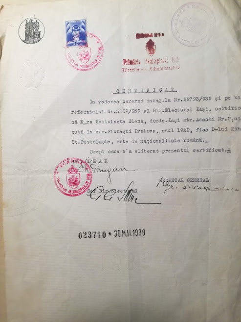 1939, Certificat de naționalitate rom&acirc;nă, Primăria Iași / Str. Asachi, Nr.9