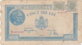 Bancnotă Rom&acirc;nia 5000 lei 2 mai 1944, seria B/2 0519885, două timbre de 10 lei
