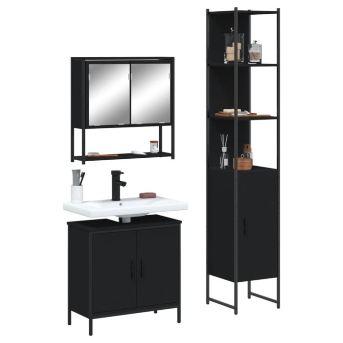 vidaXL Set mobilier de baie, 3 piese, negru, lemn compozit