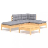 Set mobilier gradina cu perne gri, 5 piese, lemn masiv de pin