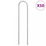 Țăruși Păm&acirc;nt vidaXL, Forma U, 15x3.5cm, Oțel Galvanizat, Set 50 Bucăți, Fixare Folie, Prelată, Cabluri, Argintiu