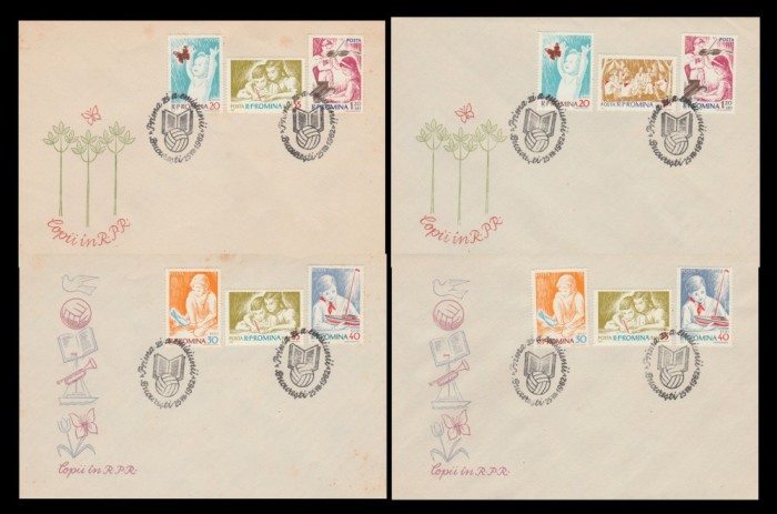 1962 Romania - 2 x 2 FDC Copii in RPR, LP 548 - varietati de francare