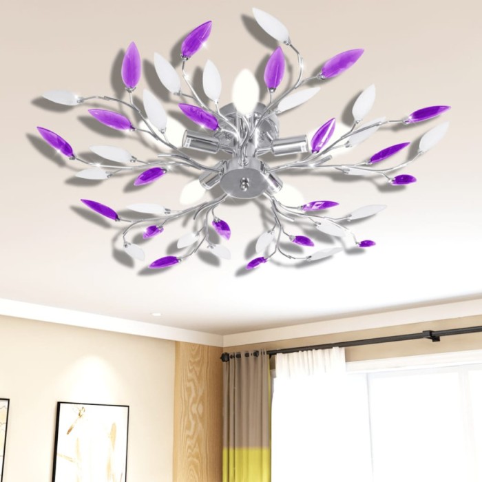 Plafoniera violet/albă brațe frunze cristal acrilic 5 becuri E14 241477