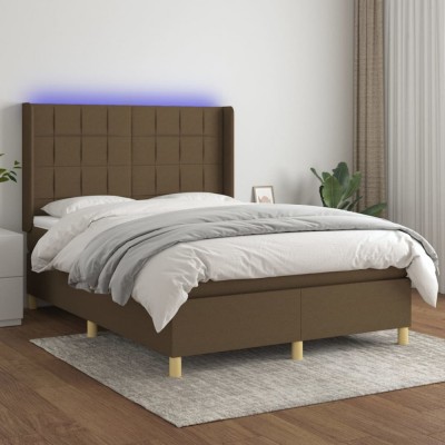 vidaXL Pat cu arcuri, saltea și LED, maro &amp;icirc;nchis, 140x200 cm, textil 3138880 foto