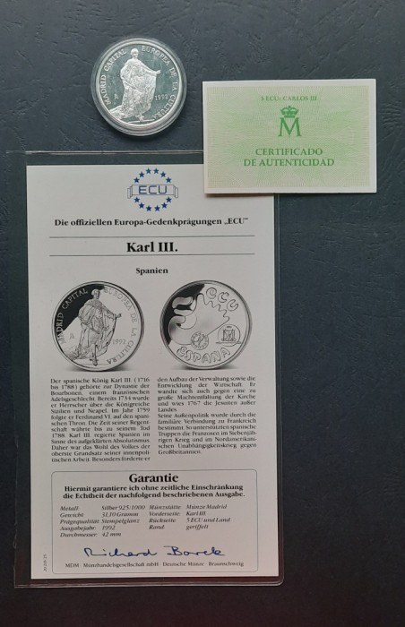 5 Ecu &quot;Karl III&quot;, Spania 1992 - Proof - G 4311