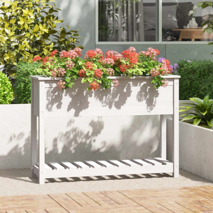 vidaXL Jardinieră cu raft, alb, 111,5x34,5x81 cm, lemn masiv de pin 823767