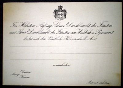 P.001 INVITATIE CURTEA PRINCIARA PRINCIPATUL WALDECK und PYRMONT foto