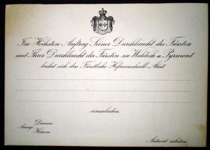 P.001 INVITATIE CURTEA PRINCIARA PRINCIPATUL WALDECK und PYRMONT
