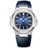 Gohuos, Ceas barbati de mana, Quartz, Casual, Afisare ora, secunde, Data, Piele naturala, Albastru