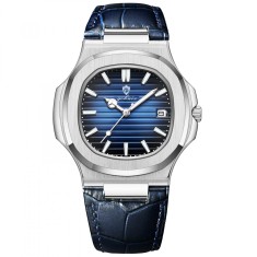 Gohuos, Ceas barbati de mana, Quartz, Casual, Afisare ora, secunde, Data, Piele naturala, Albastru
