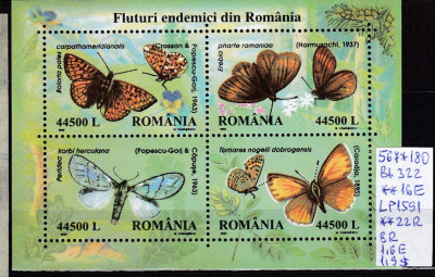 2002 Fluturi Endemici din Rom&amp;acirc;nia Bl.322 LP1591 MNH Pret 2,9+1Lei foto
