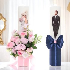 Set 2 Lumanari pentru Nunta cu flori artificiale ROZ - BLEUMARIN - LN06