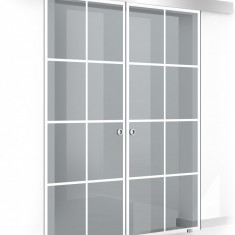 Usa culisanta Boss ® Duo model Residence alb, 60+60x215 cm, sticla gri securizata, glisanta in ambele directii