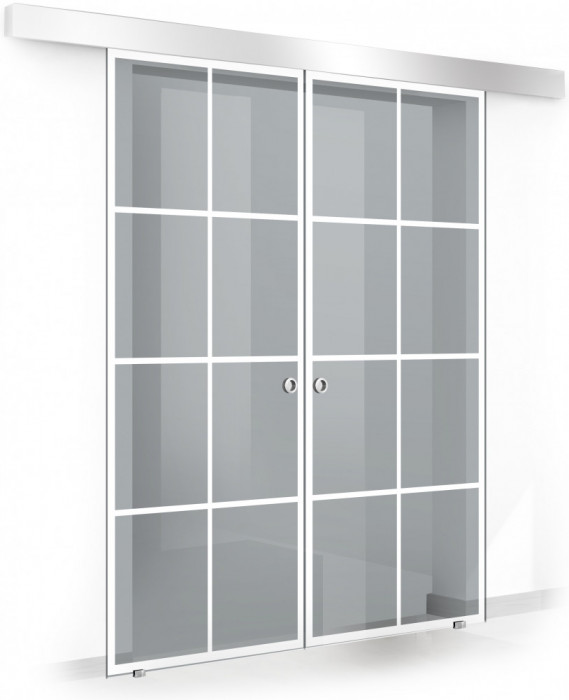 Usa culisanta Boss &reg; Duo model Residence alb, 60+60x215 cm, sticla gri securizata, glisanta in ambele directii