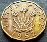 Moneda istorica 3 (Three) PENCE - ANGLIA, anul 1952 *cod 613 - GEORGIVS VI
