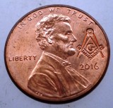 F.170 USA SUA 1 LINCOLN CENT 2016 XF/AUNC MASONIC MASON MASONERIE CONTRAMARCA, America de Nord