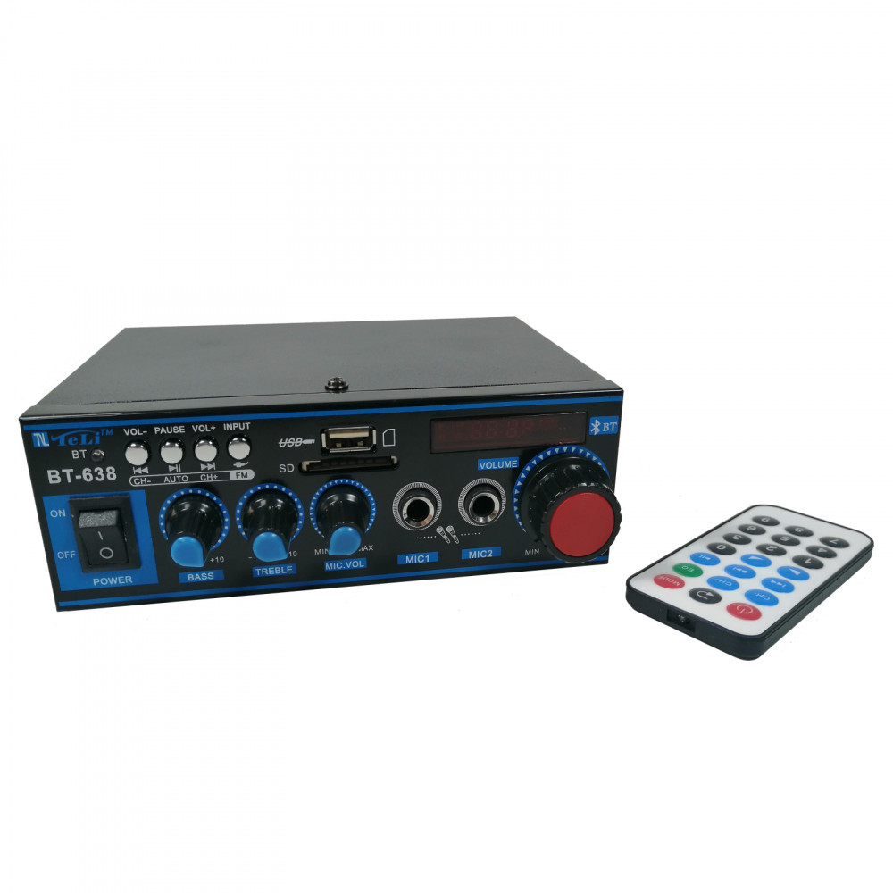 Amplificator bluetooth digital, tip Statie, 2 x 30 W, intrari USB-SD, doua  intrari microfon | Okazii.ro