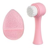 Set de curățare facială cu perie moale, perie din silicon și burete exfoliant, 3 piese, roz, CMCLASS