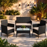 SONGMICS Set mobilier gradina 4 locuri, canapea, 2 scaune si masa cu sticla, ratan PE, negru Household NewTrend