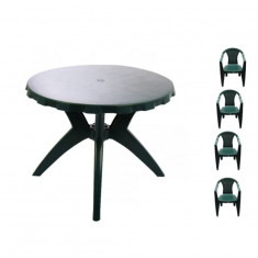 Set masa OMC rotunda 90x72cm, cu 4 scaune, pentru gradina, verde, din plastic