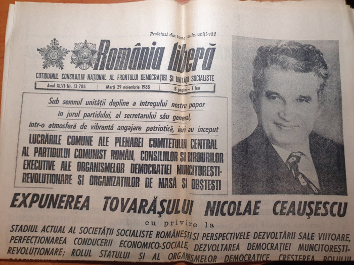 romania libera 29 noiembrie 1988-cuvantarea lui ceausescu la plenara PCR