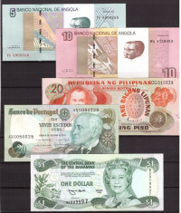 Lot 5 bancnote straine, Angola, Portugalia, Filipine, Bahamas foto