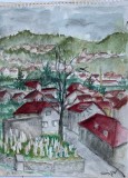 Lucrare / desen PEISAJ, artist roman, posibil Georges Dumitresco / Dumitrescu, 30 x 20 cm, acuarela pe carton subtire