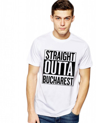 Tricou alb barbati - Straight Outta Bucuresti - S foto