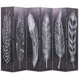 VidaXL Paravan cameră pliabil, negru&amp;alb, 228 x 170 cm, imprimeu pene